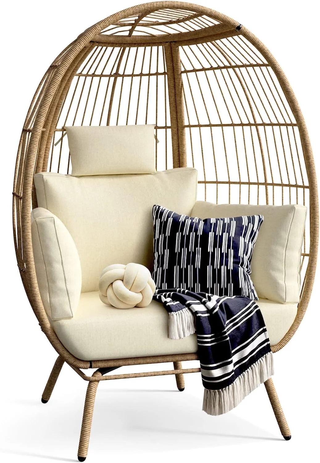 Wicker Egg Chair Outdoor Indoor Oversized Lounger with Stand and Cushions Egg Basket Chair for Patio Backyard Porch - Beige