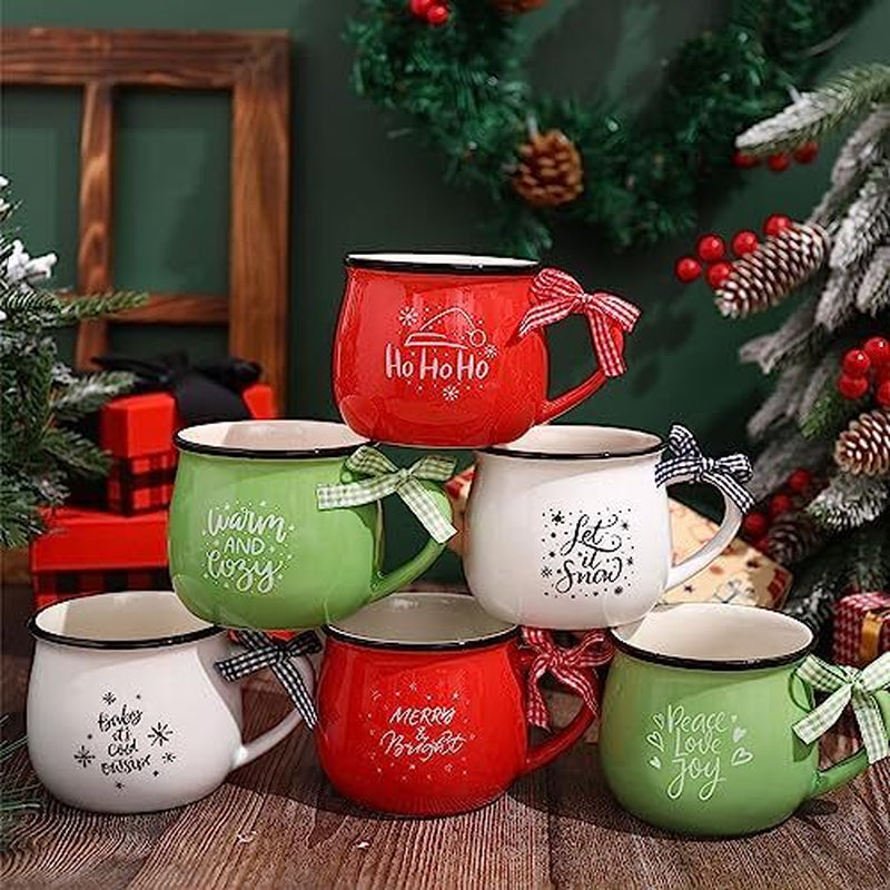 Christmas Coffee Mugs Set of 6, 12 Oz Ceramic Mug Gift Holiday Classic Style